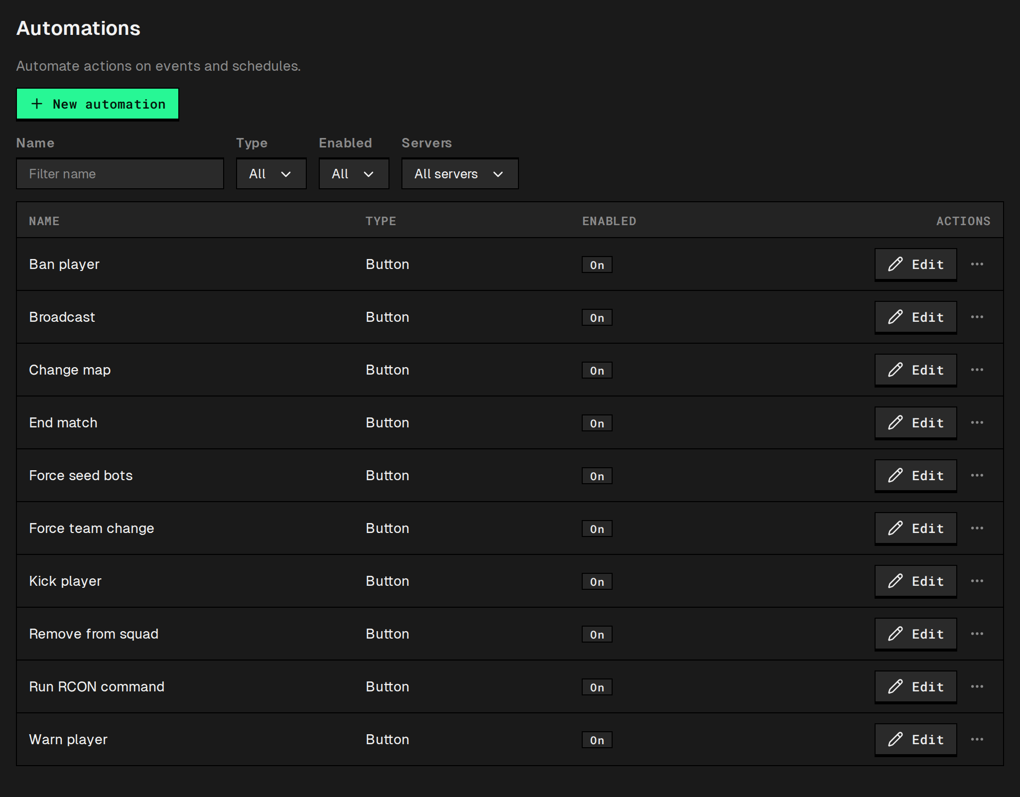 Automations table with the starting button automations