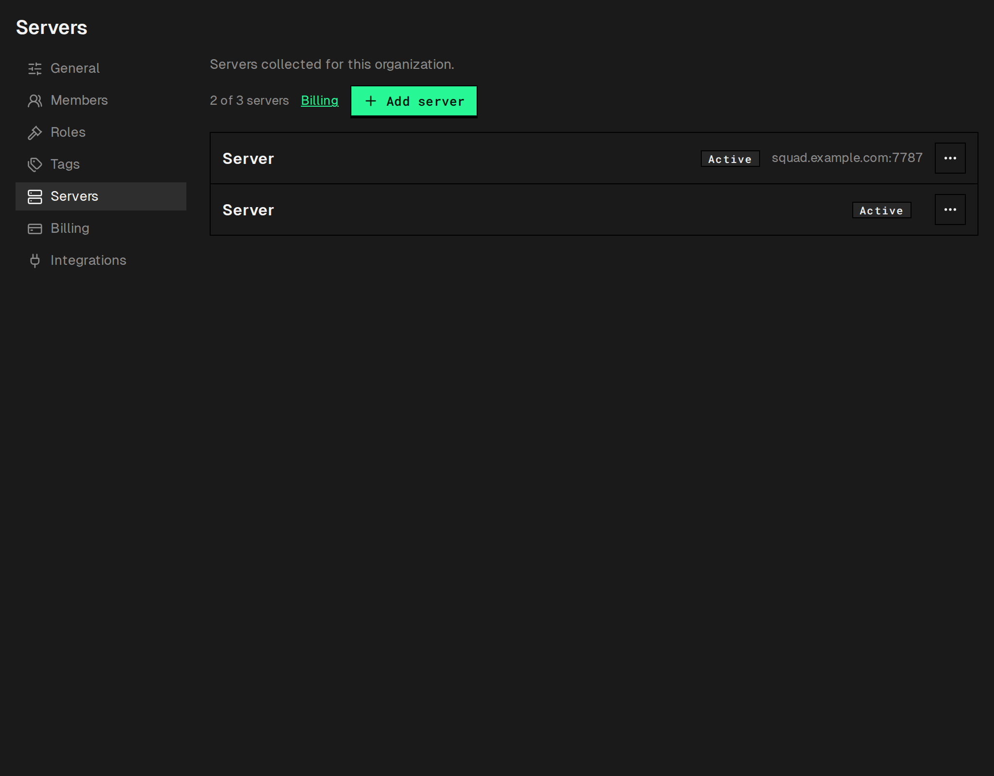 Settings → Servers listing two servers, each with an Active badge