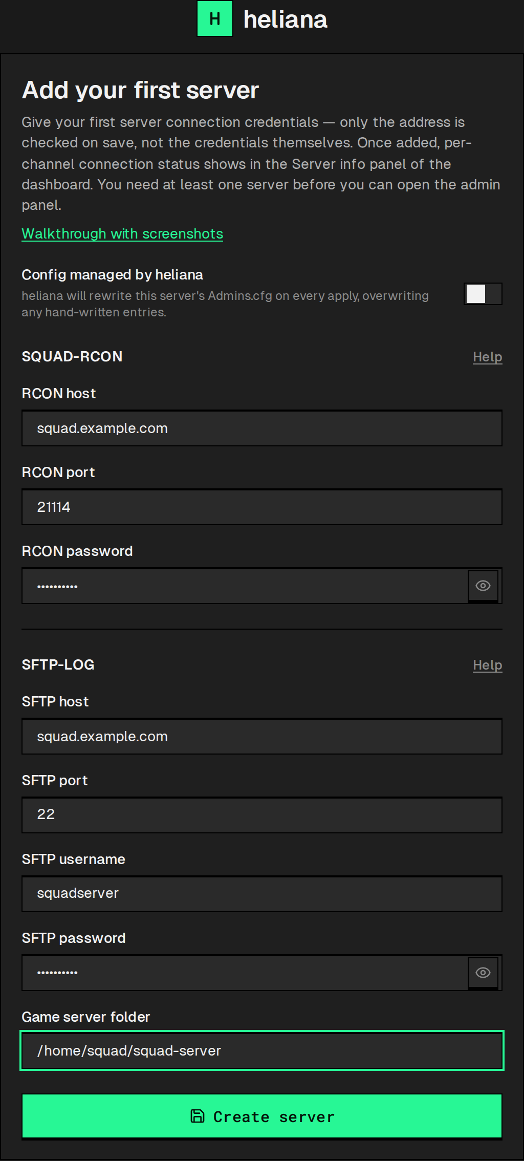 Form filled with connection and SFTP credentials