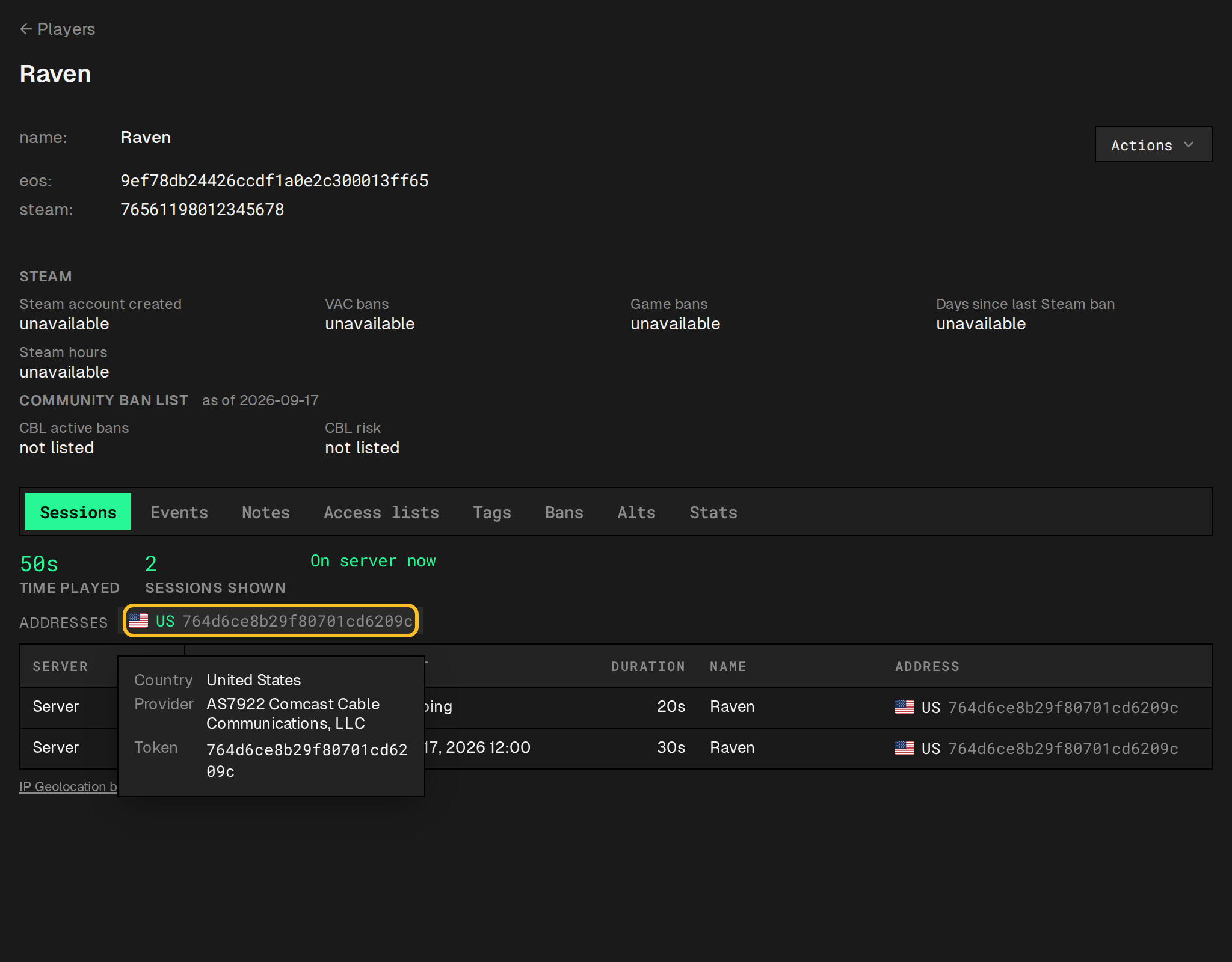 Player profile Sessions tab with a country flag and provider