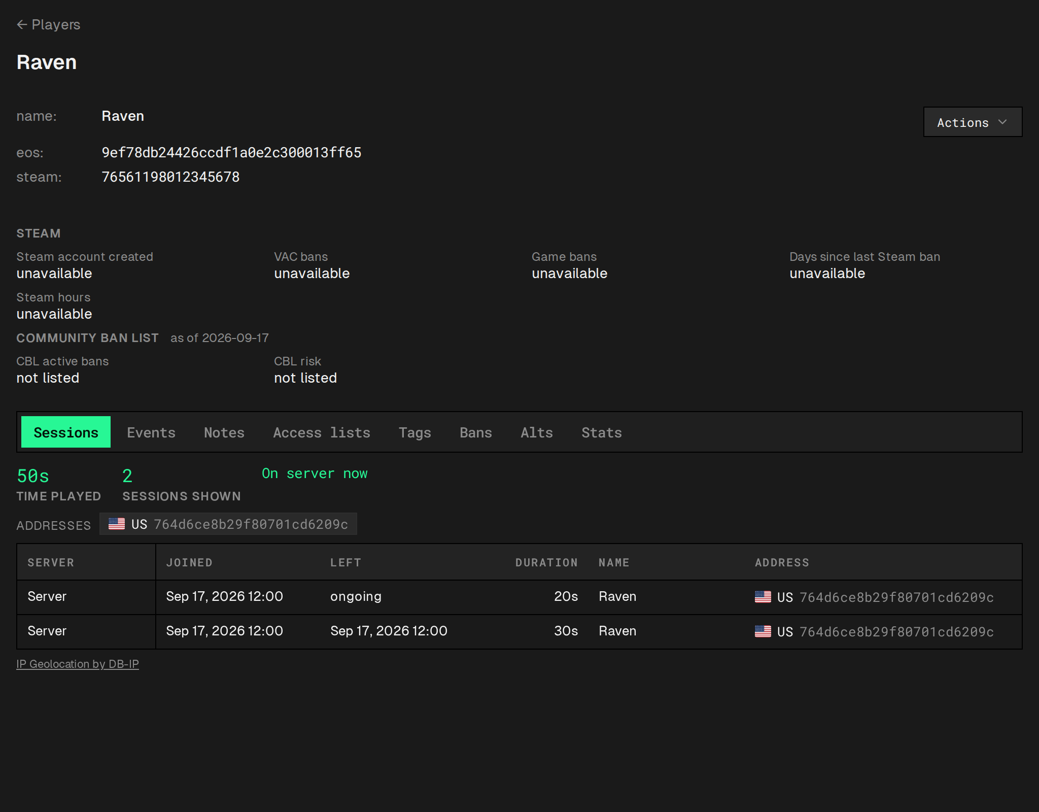 Player page on the Sessions tab, with identity IDs, time played and the session list